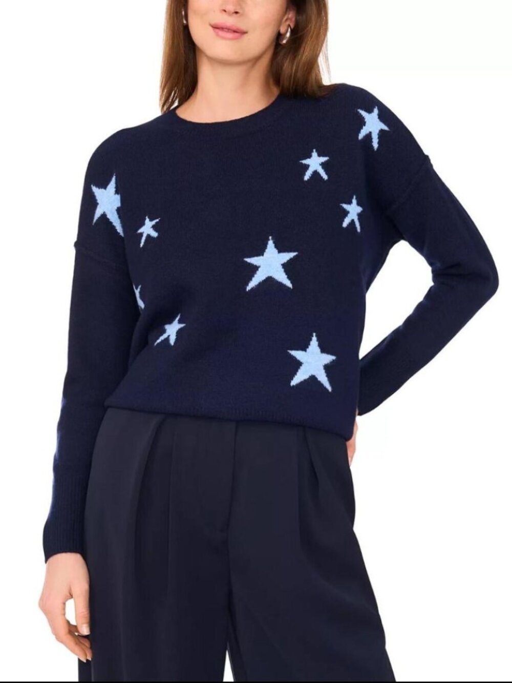 Vince Camuto Star Detail Drop Shoulder Crewneck Sweater Classic Navy Blue